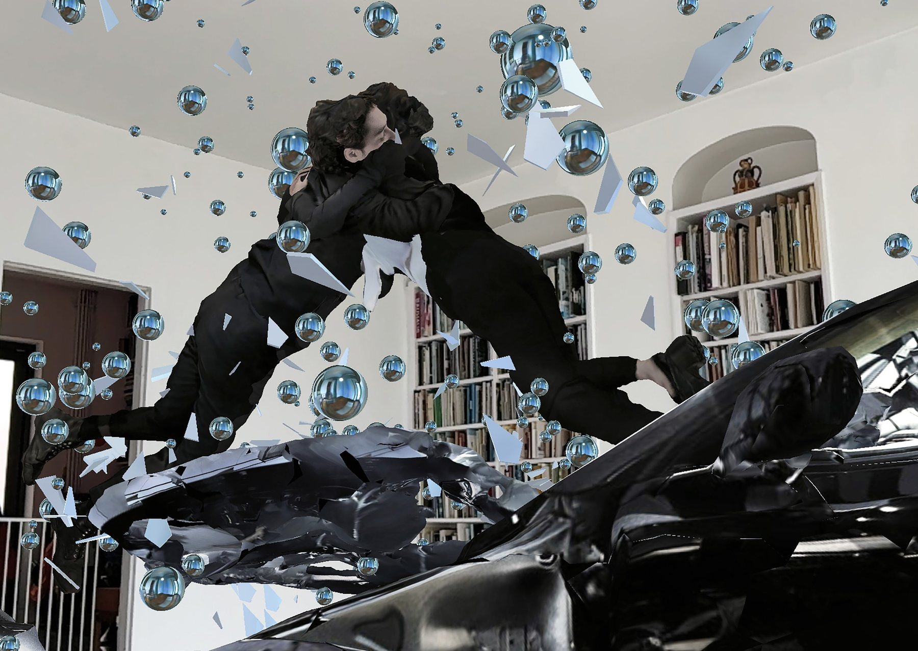 Encounter AR view: embracing figures suspended among mirrored spheres and glass shards above a black crashed car in a book-lined room.