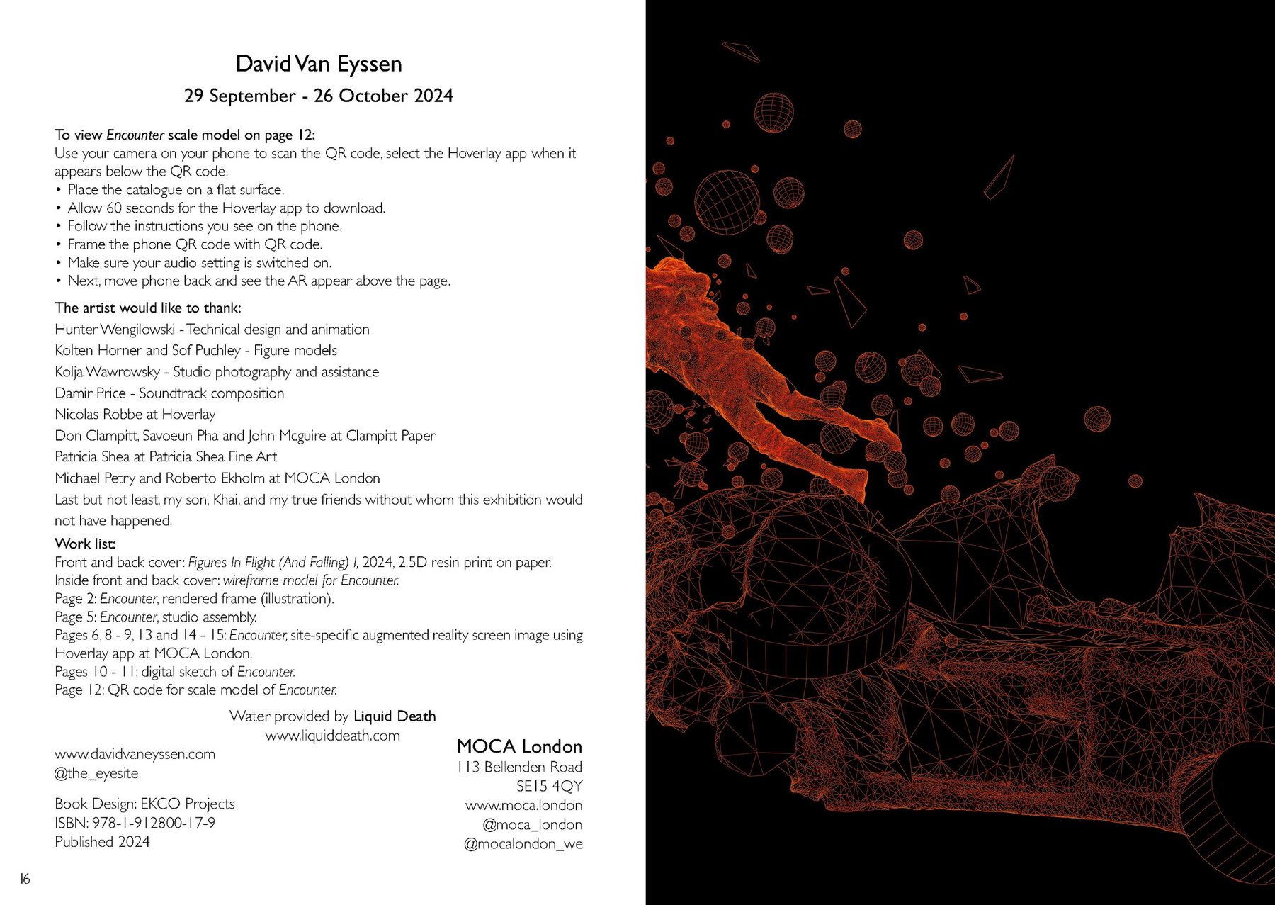 Catalogue credits page for David Van Eyssen's Encounter at MOCA London, with instructions, thanks and work list, beside an orange wireframe image.
