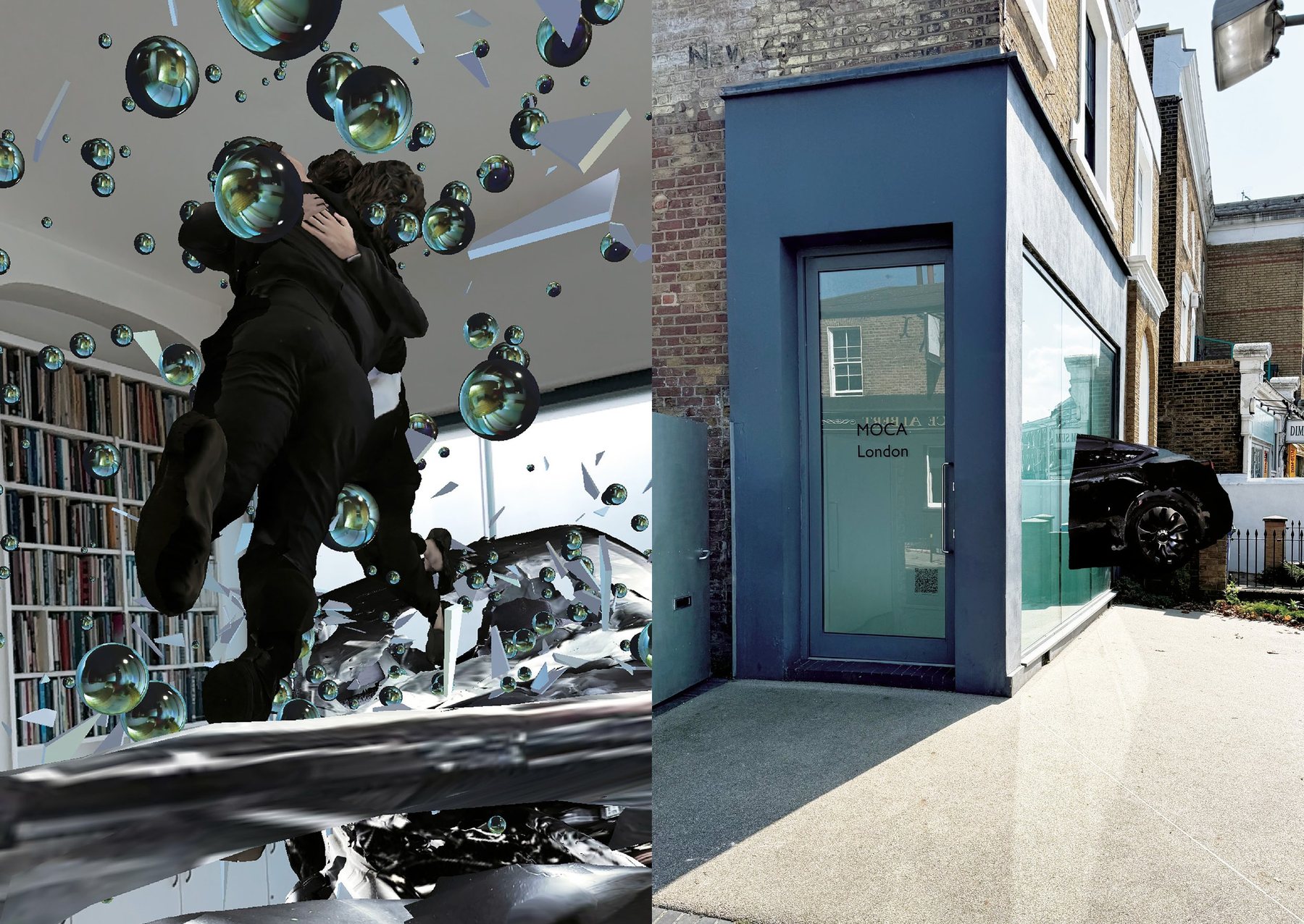 Catalogue spread: the Encounter AR scene of falling figures beside MOCA London's brick building with a black car crashing from the window.