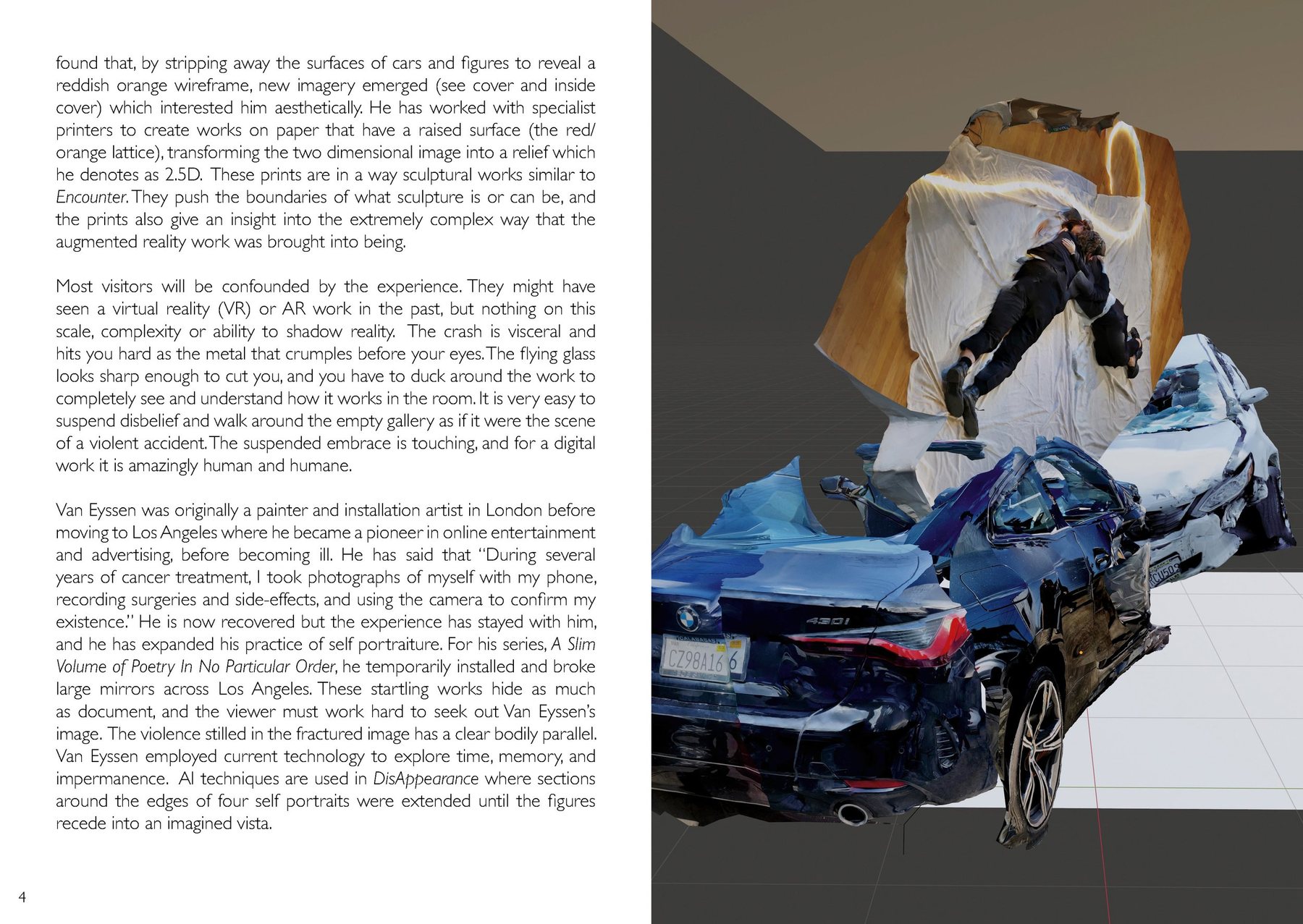Catalogue pages: a figure falling above two crashed cars shown in a 3D scene, with text about the scans and the Encounter prints.