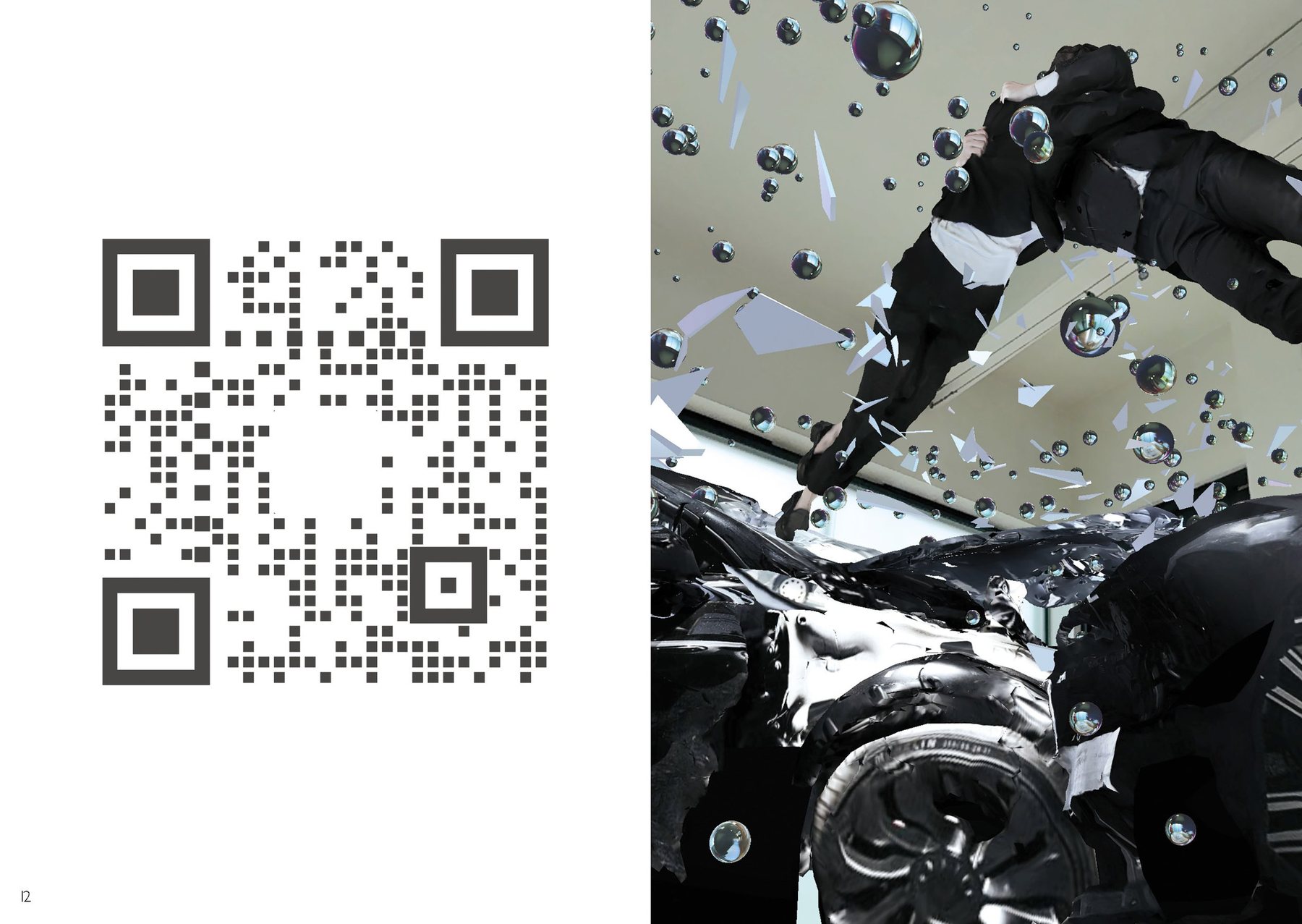 Catalogue spread with a QR code for the Encounter scale model, beside the AR scene of figures falling above a crashed car.