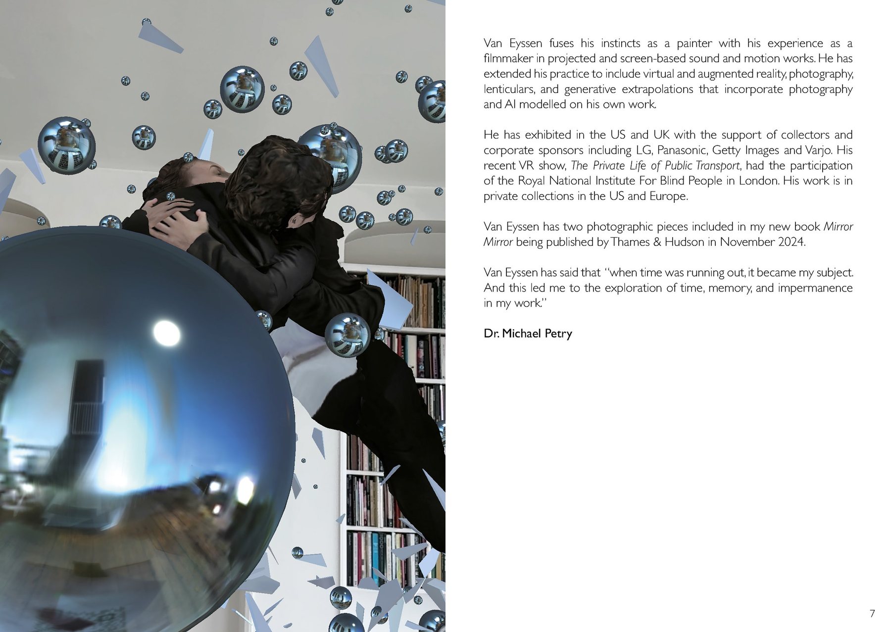 Catalogue spread: an embracing pair falling past a large mirrored sphere in a room of books, alongside biographical text by Dr. Michael Petry.