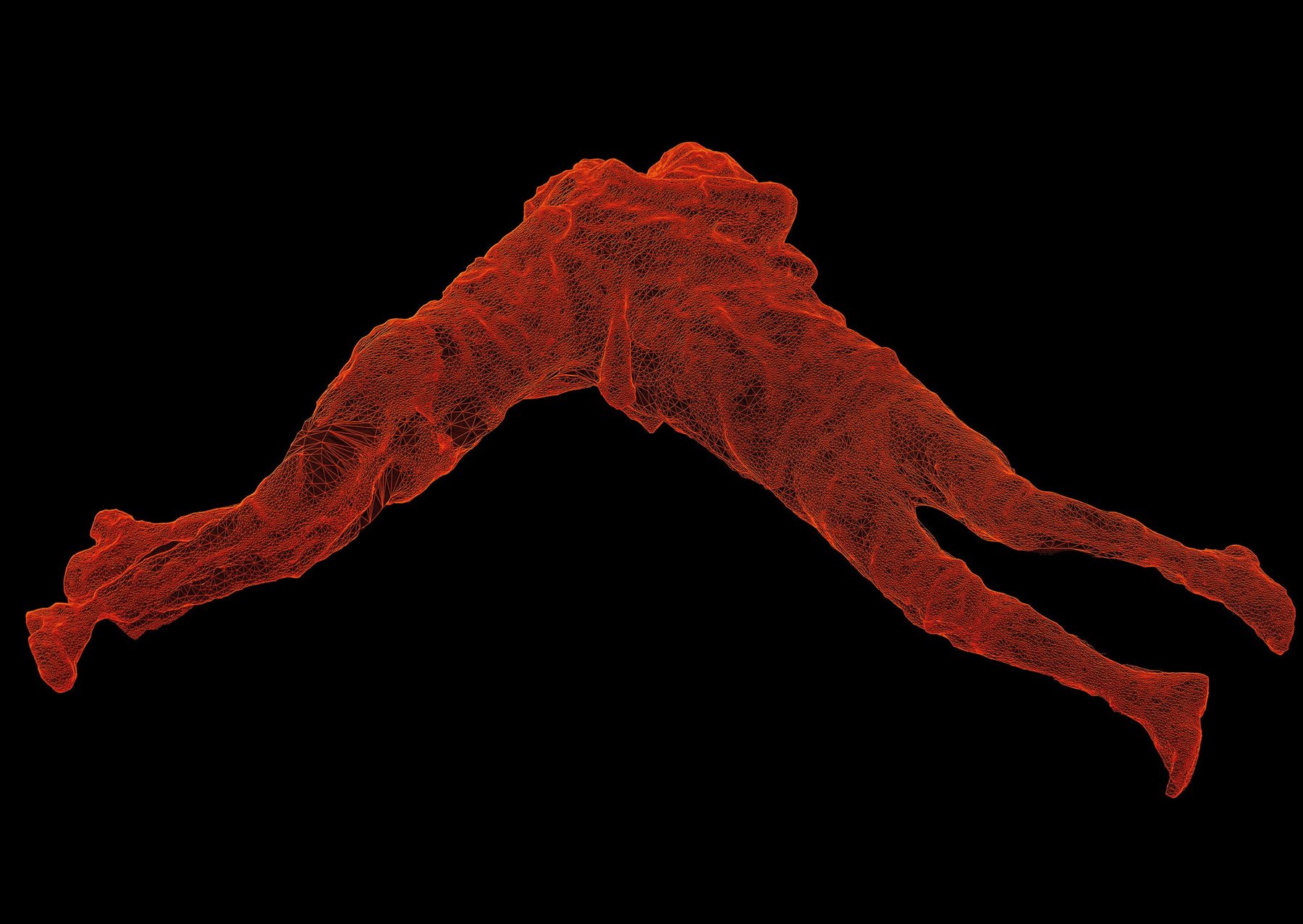 Orange wireframe of two embracing figures in a V shape, dense red lines on black, an Encounter scan study.