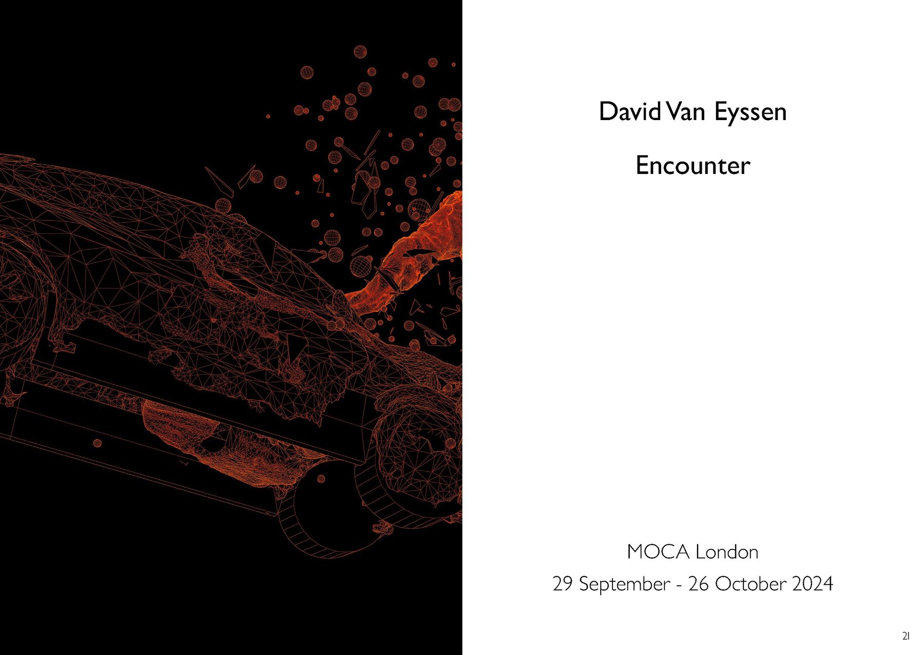 Catalogue cover for Encounter at MOCA London, 29 September to 26 October 2024: orange wireframe of a crashed car beside a title panel.
