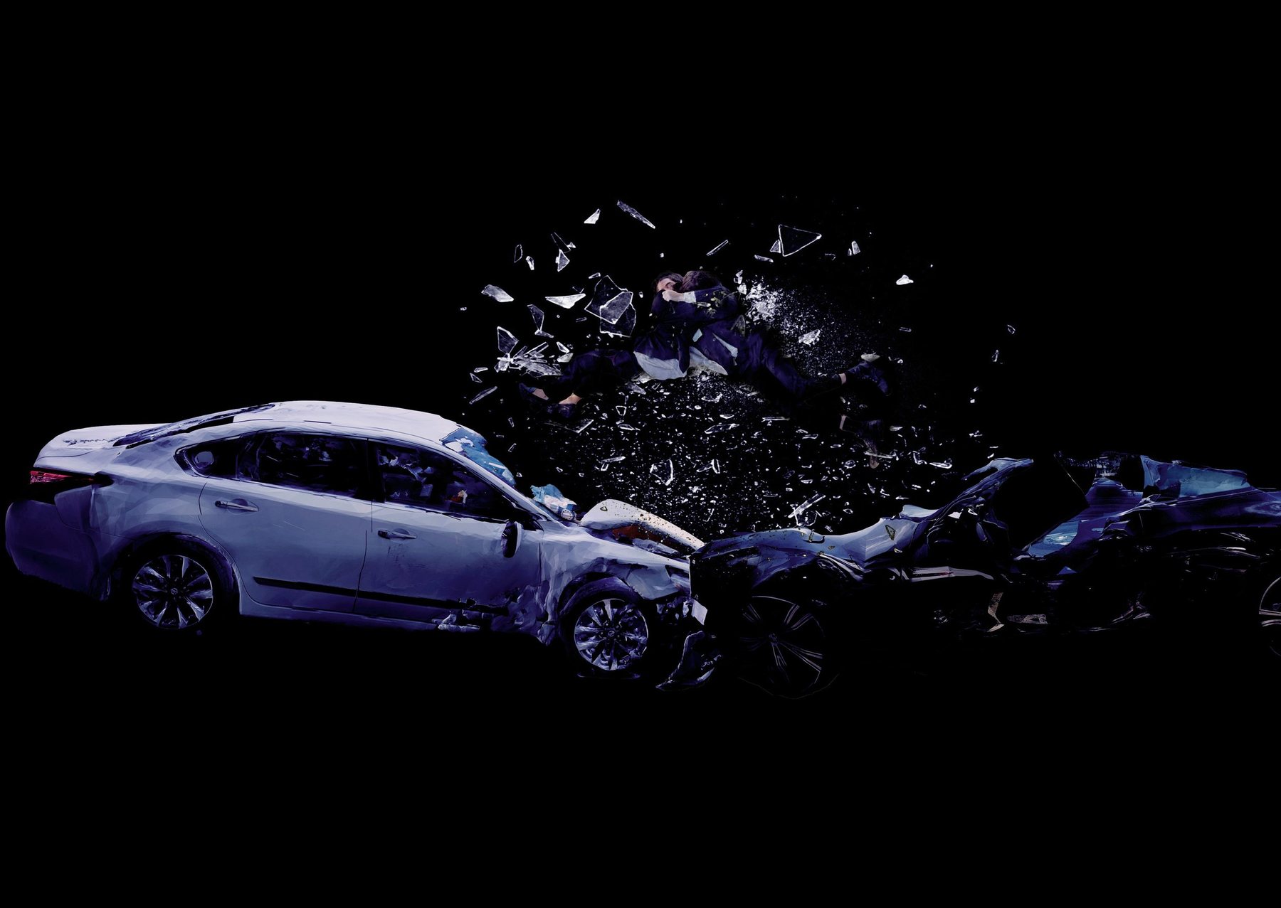 Catalogue page: two crashed cars facing each other on a black background, with the thrown figures shattered in glass above.