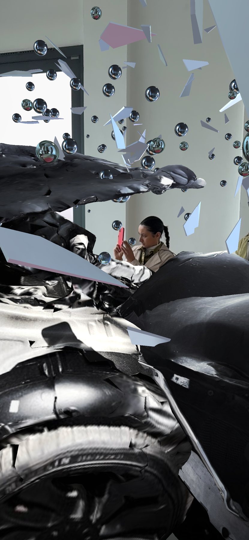Encounter AR view: a visitor photographs the wreck with a red phone, a car wheel and crumpled bodywork in the foreground.