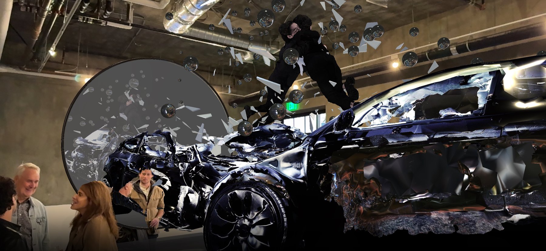 Encounter/Reflection at night, the crash floating in the gallery among visitors.