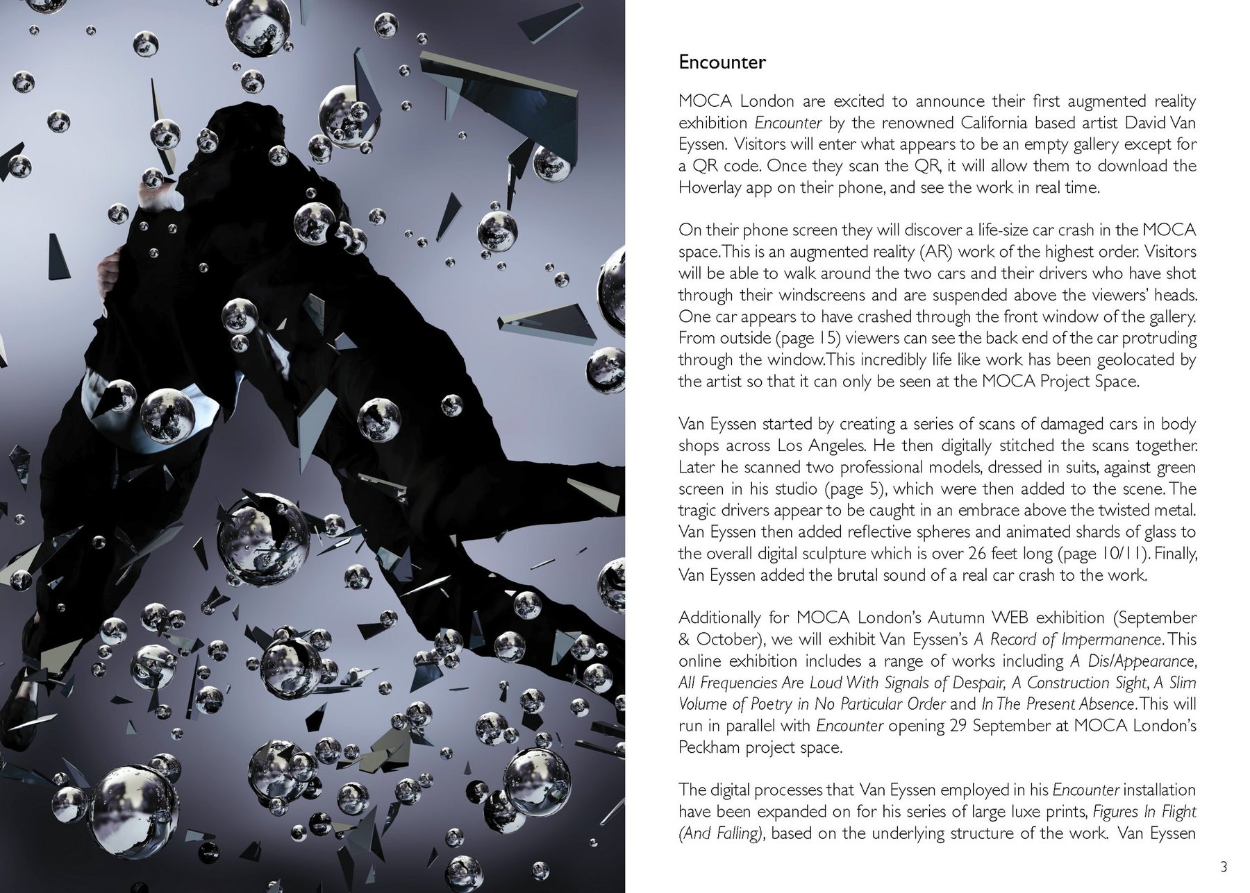 Catalogue page: a dark embracing pair and glass shards beneath the introduction to Encounter, the first AR exhibition at MOCA London.