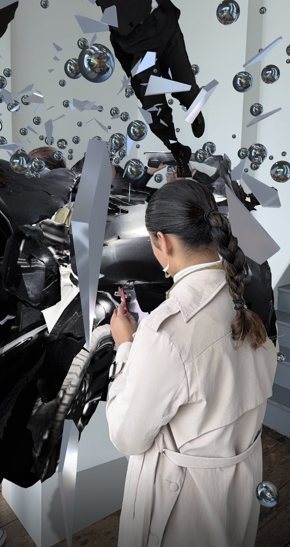 A visitor in a pale trench coat photographs the Encounter wreck, figures suspended above her among glass spheres and shards.
