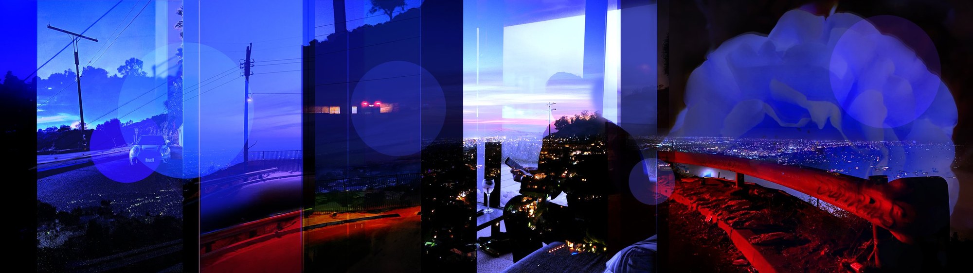 The View: a lenticular panorama of night roads, city lights, a seated figure and a vast blue flower, one viewing state.