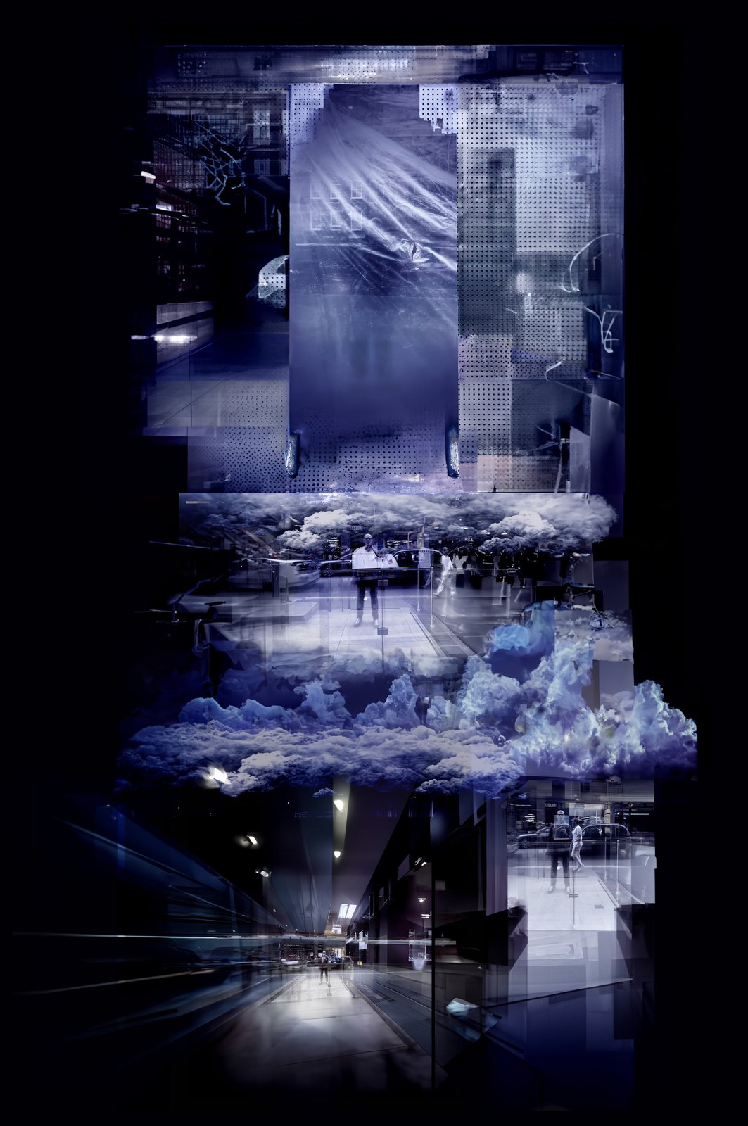 Generative Extrapolations: a tall collage of interiors, clouds and light.
